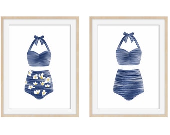 Vintage Swimsuit Watercolor Art Print Set: Beach Home Decor