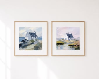 Coastal Cottage Prints Set of 2, Beach House Wall Decor, Irish Seaside Artwork, Soft Neutral Coastal Art