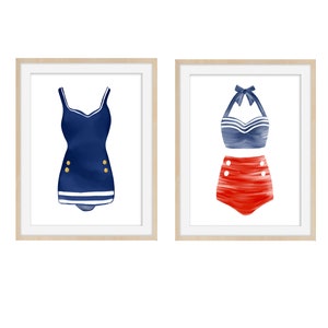 Vintage Swimsuit Art Print - Watercolor Art Print -  Home Decor - Beach Decor - Nautical Print set of 2 - Blue Bathing Suit Art Print - Art
