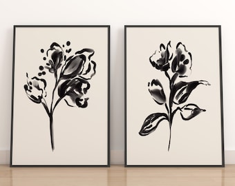 Minimalist Floral Wall Art Print set of 2 - Watercolor Flowers Wall Art - Living Room Watercolor Minimalist Wall Prints