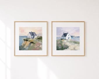 Soft Impressionist Coastal Cottage Prints Set of 2, Beach House Wall Decor, Irish Seaside Artwork, Soft Neutral Coastal Art