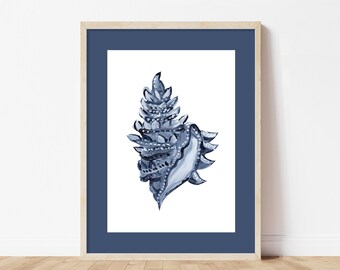 Blue Reef Conch Coastal Wall Art Print | Navy Seashell Illustration | Beach House Decor | Nautical Ocean Artwork