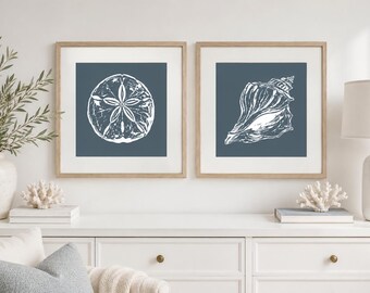 Coastal Seashell Print Set of 2,  Sand Dollar and  Shank Conch Wall Art, Vintage Marine Shell Illustrations, Beach House Decor