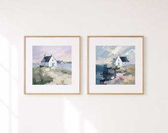 Seaside Coastal Cottage Prints Set of 2, Beach House Wall Decor, Irish Seaside Artwork, Soft Neutral Coastal Art