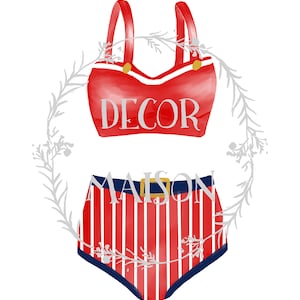May include: Red and white striped swimsuit with a red top that says "DECOR" in white letters. The swimsuit has a blue waistband with a gold buckle.