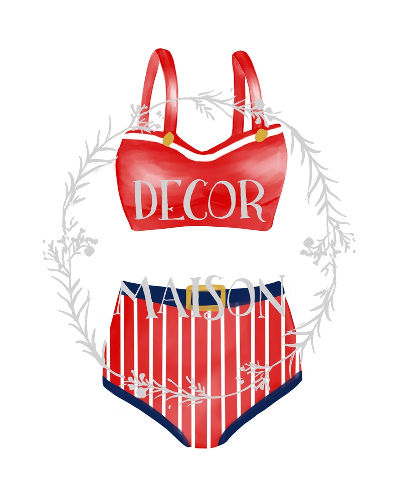 May include: Red and white striped swimsuit with a red top that says "DECOR" in white letters. The swimsuit has a blue waistband with a gold buckle.