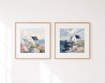 Coastal Cottage Prints Set of 2, Beach House Wall Decor, Irish Seaside Artwork, Soft Neutral Coastal Art