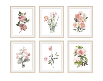 Pink Watercolor Flowers -  Print Set of 6 -  Large Print Set - Wall Art Print - Botanical Prints - Pink Floral Print Set of 6 - Pink Flowers