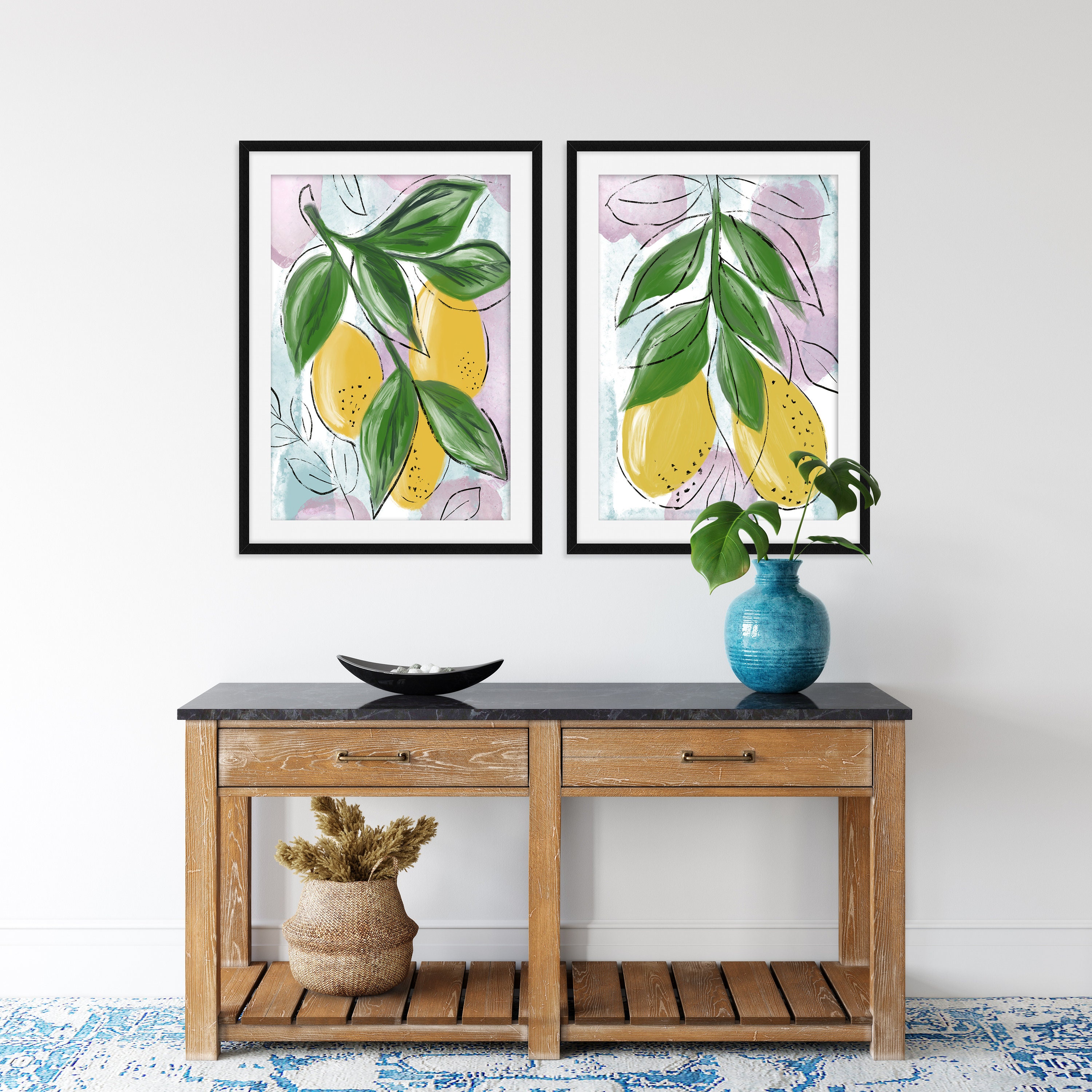 Abstract Lemon Print set of 2 Wall Art Prints Watercolor Etsy
