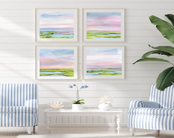Marsh Print Set of 4: Pastel Sunset Acrylic Painting, Southern Landscape