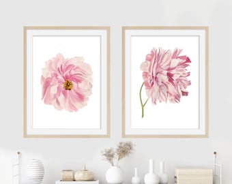 Print Set of 2 - Pink Floral Prints - Nursery Prints - Nursery Wall Art - Pink Peony Prints - Illustration Print Set - Botanical Print set