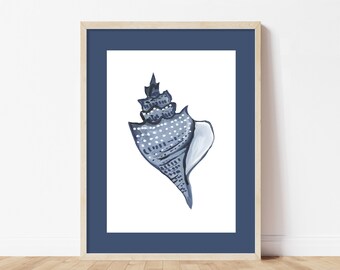 Blue Shank Conch Shell Print, Coastal Wall Art, Nautical Beach Decor, Blue & White Seashell Illustration, Ocean Inspired Art