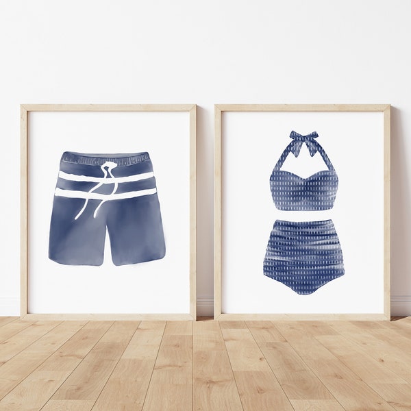 Vintage Swimsuit Art Print - Watercolor Art Print -  Home Decor - Beach Decor - Nautical Print set of 2 - Blue Bathing Suit Art Print - Art