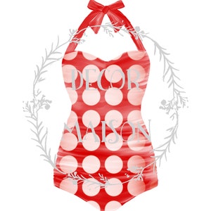May include: Red and white polka dot swimsuit with a halter top and a bow. The swimsuit has the text "DECOR MAISON" printed on it.