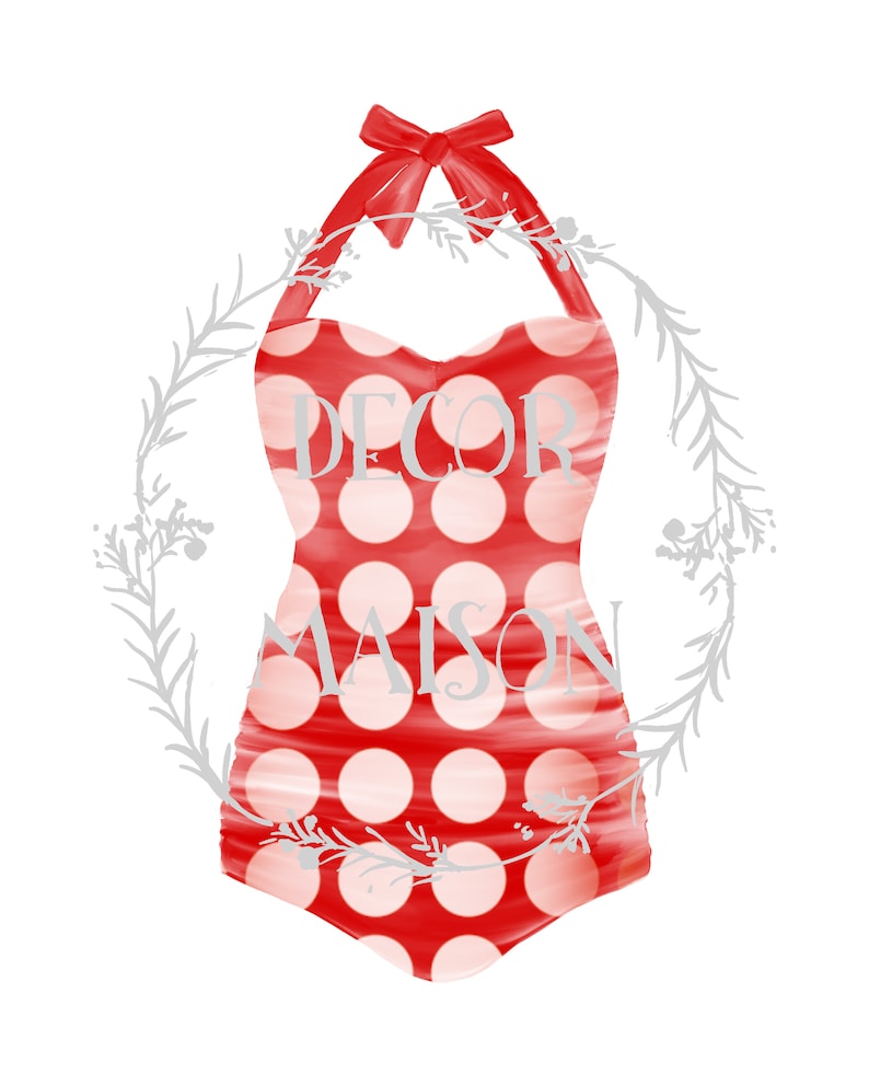 May include: Red and white polka dot swimsuit with a halter top and a bow. The swimsuit has the text "DECOR MAISON" printed on it.