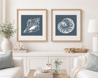 Coastal Seashell Print Set of 2,  Shank Conch and a Nautilus Wall Art, Vintage Marine Shell Illustrations, Beach House Decor