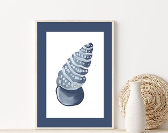 Blue Spiral Seashell Art Print | Coastal Nautical Wall Decor | Modern Beach House Shell Illustration in Blue & White
