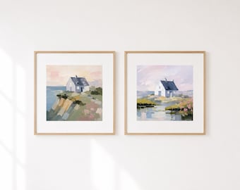 Abstract Cottage Cottage Prints Set of 2, Beach House Wall Decor, Irish Seaside Artwork, Soft Neutral Coastal Art