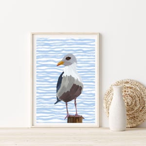 Seagull Art Print, Seagull Coastal Wall Art,  Beach Nursery Decor, Art Print or Canvas, Coastal Decor, Beach Art Print, Cottage Fun Decor