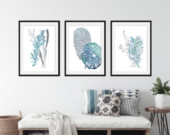 Blue Print Set of 3 - Wall Art - Coastal Prints - Seashell Prints - Blue Coral Prints - Blue Turquoise Wall Art - Watercolor Painting - Art