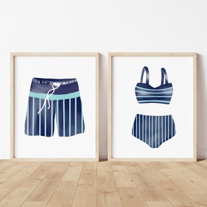 Vintage Swimsuit Art Print - Watercolor Art Print -  Home Decor - Beach Decor - Nautical Print set of 2 - Blue Bathing Suit Art Print - Art