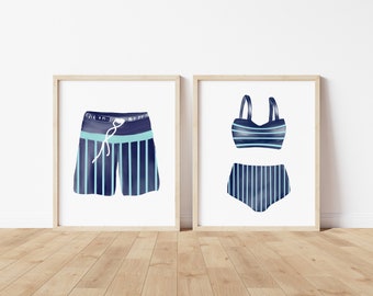 Vintage Swimsuit Art Print - Watercolor Art Print -  Home Decor - Beach Decor - Nautical Print set of 2 - Blue Bathing Suit Art Print - Art