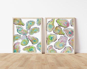 Coastal Oyster Print: Beach House Wall Art, Colorful Pearls