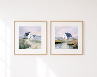 Countryside Cottage Prints Set of 2, Village House Wall Decor, Irish Seaside Artwork, Soft Neutral Coastal Art