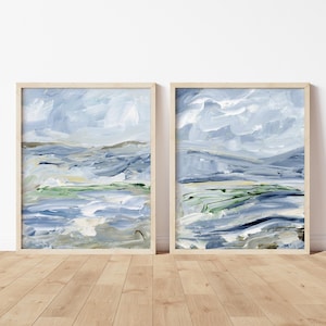 Blue and Green Abstract Art, Modern Abstract Landscape Prints, Lake House Wall Art, Abstract Coastal Print set of 2, Earthy Tone Wall Art