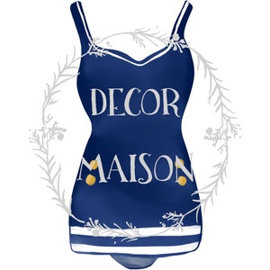 May include: A blue swimsuit with white stripes and gold buttons. The swimsuit has the text "DECOR MAISON" printed on the front.