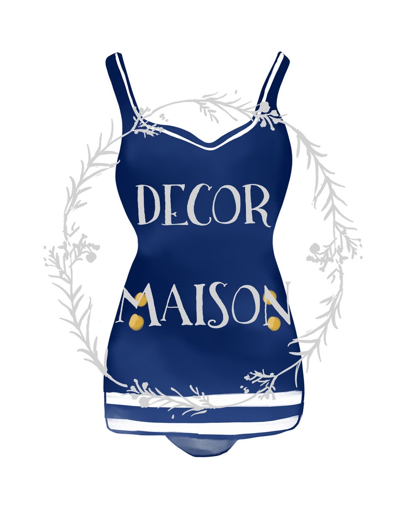 May include: A blue swimsuit with white stripes and gold buttons. The swimsuit has the text "DECOR MAISON" printed on the front.