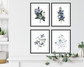 Watercolor Botanical Print Set of 4 - Large Print Set - Botanical Prints - Wall Art Print - Botanical Prints - Blue Floral Print Set of 4