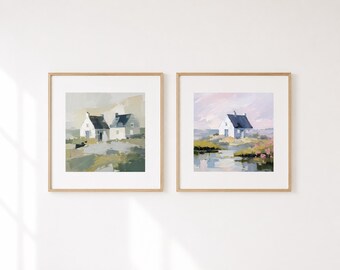 Peaceful Cottage Prints Set of 2, Beach House Wall Decor, Irish Seaside Artwork, Soft Neutral Coastal Art