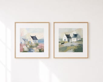 Coastal Cottage Prints Set of 2, Beach House Wall Decor, Irish Seaside Artwork, Soft Neutral Coastal Art