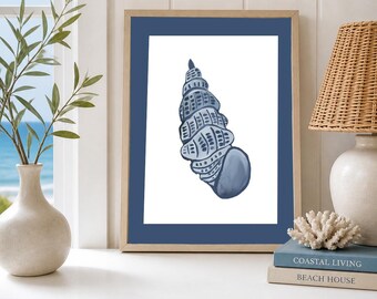 Blue Spiral Seashell Coastal Art Print | Nautical Shell Wall Art | Ocean-Inspired Beach House Decor | Botanical Shell Illustration