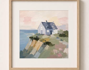Abstract Irish Coastal Cottage Print, White Village Landscape Wall Art, Minimalist Seaside Home, Blue Ocean Fine Art Print