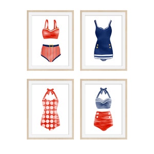 May include: Set of four printable art prints featuring vintage-style red and blue swimsuits. Each print shows a different swimsuit style, including a two-piece, a one-piece with polka dots, a one-piece with stripes, and a one-piece with a halter top.