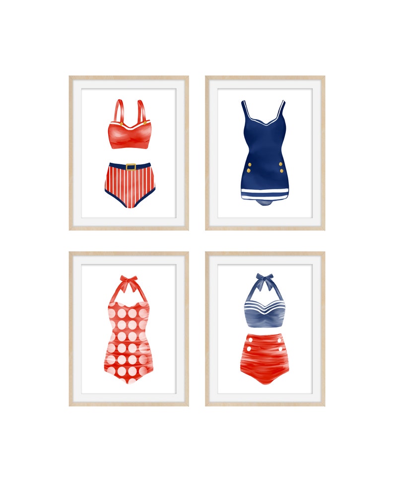May include: Set of four printable art prints featuring vintage-style red and blue swimsuits. Each print shows a different swimsuit style, including a two-piece, a one-piece with polka dots, a one-piece with stripes, and a one-piece with a halter top.