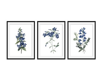 Blue Botanical Prints Set of 3 - Botanical Illustration - Wall Art Prints - Antique Botanical Prints - Large Blue Flowers Wall Art Prints