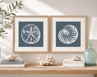 Coastal Seashell Print Set of 2,  Sand Dollar & Nautilus Wall Art, Vintage Marine Shell Illustrations, Beach House Decor