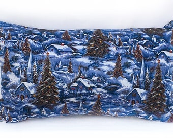 Christmas Pillow Covers - Winter Village Scenic Glitter with Invisible Zipper - 12"x20", 20"x20", 18"x18", 16"x16", 12"x16"