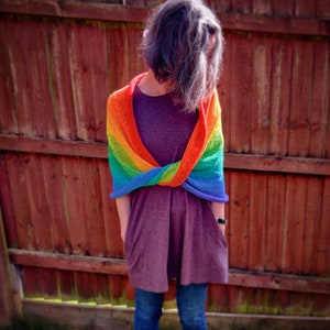 Bright rainbow knitted shawl