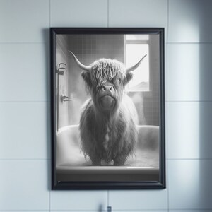 Highland Cow bathroom prints, Animal on Toilet Funny Bathroom Wall Art, Botanical Bathroom Wall Decor, Animal Reading Newspaper Art