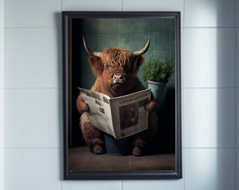 Highland Cow on Toilet Bathroom Print, Animal on Toilet Funny Bathroom Wall Art, Botanical Bathroom Wall Decor, Animal Reading Newspaper Art