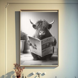 Scottish Highland Cow in Bathroom, Bathroom Humor, Funny Bathroom Print, Animal on toilet, Black And White, Whimsy Animal Art