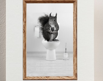 Squirrel On Toilet Print, Animals Illustration Art, Bathroom Wall Art, Woodland Animal Painting, Squirrel Artwork, Animal Lover Gift