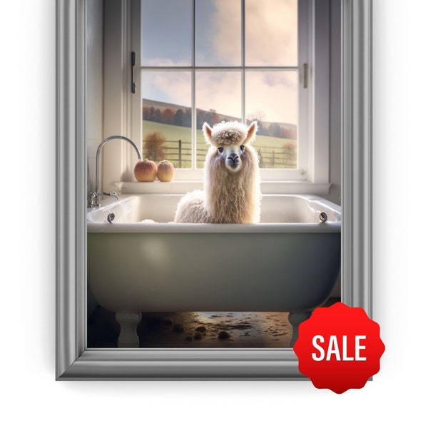 Llama in bathtub Printable, Llama Wall Decor, Llama Bathing, Funny Bathroom Print, Animal in bathtub, Kids Bathroom Art, Whimsy Animal Art