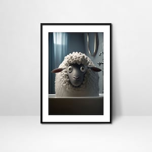Sheep in bathtub Printable, Sheep Bathing, Funny Bathroom Print, Farm Animal in bathtub, Sheep in Tub, Whimsy Animal Art, Bathroom Wall Art