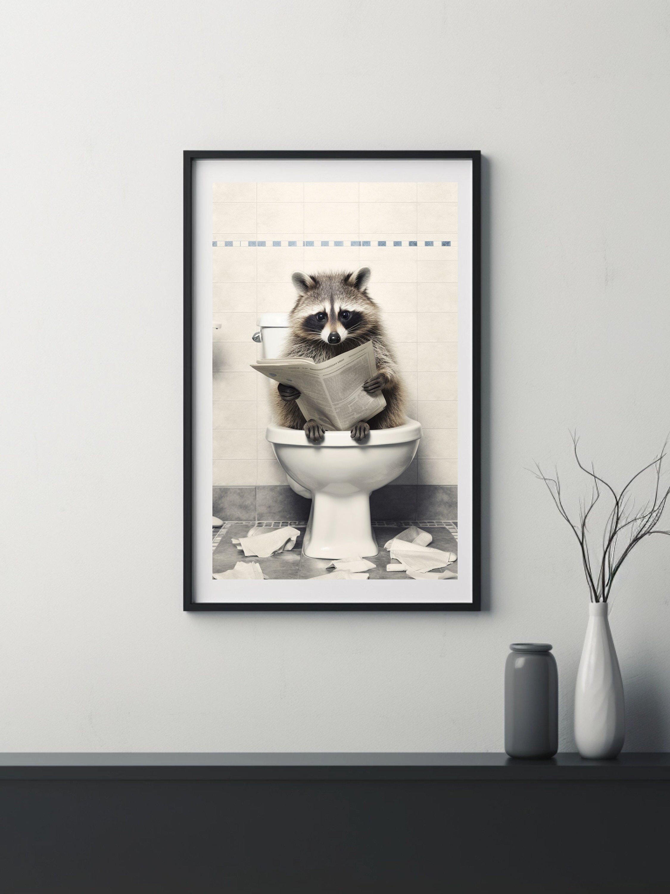 Raccoon on the Toilet Reading Newspaper, Funny Bathroom Art, Toilet ...