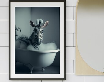 Zebra in a bathtub, Zebra Bathing, Funny Bathroom Print, Safari Bathroom Art, Animal in bathtub, Zebra in Tub Print, Funny Animal Art